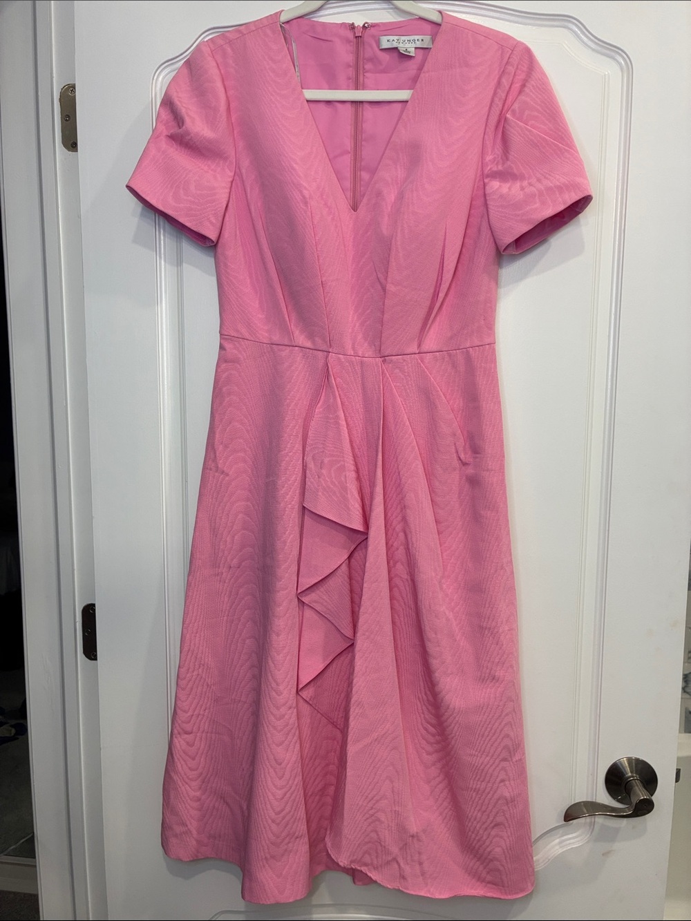 Kay Unger Pink V-Neck Midi Dress with Cascade Front Ruffle